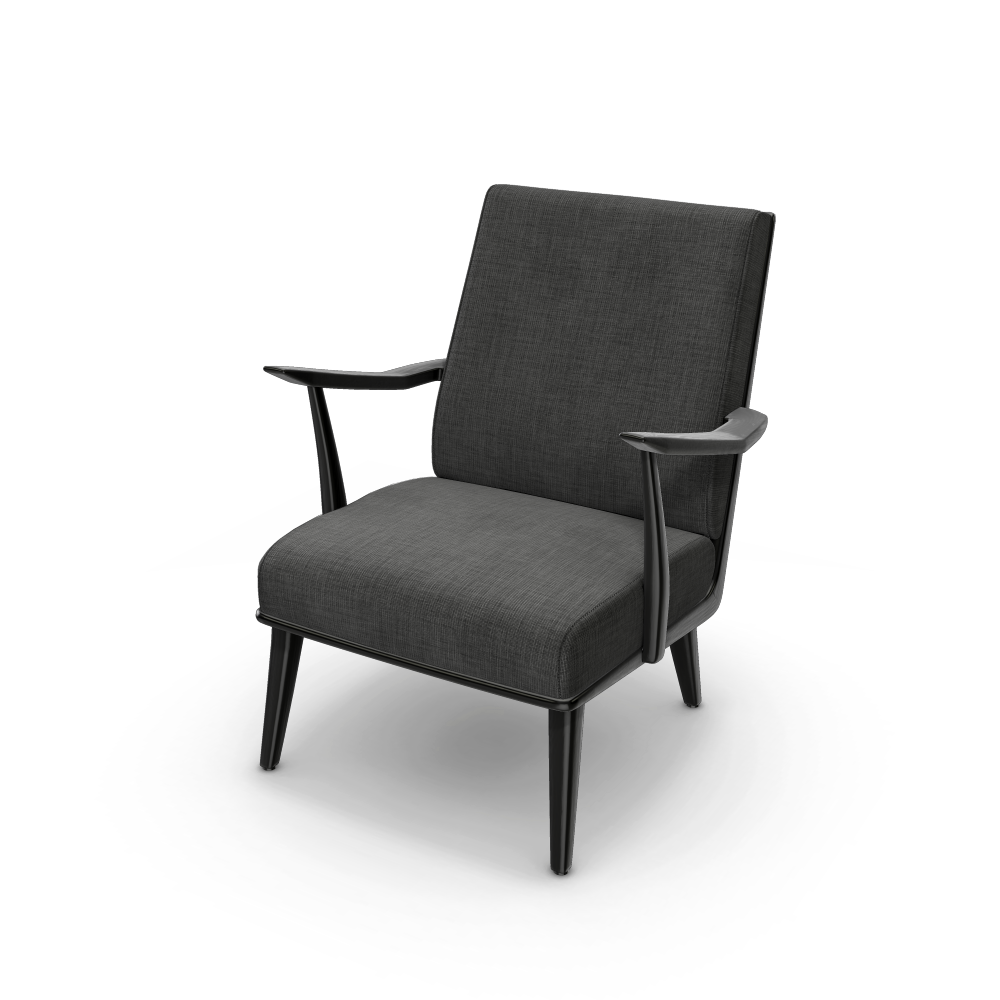 Photograph of an armchair in black wood and black fabric, automatically generated by the 3D configurator.