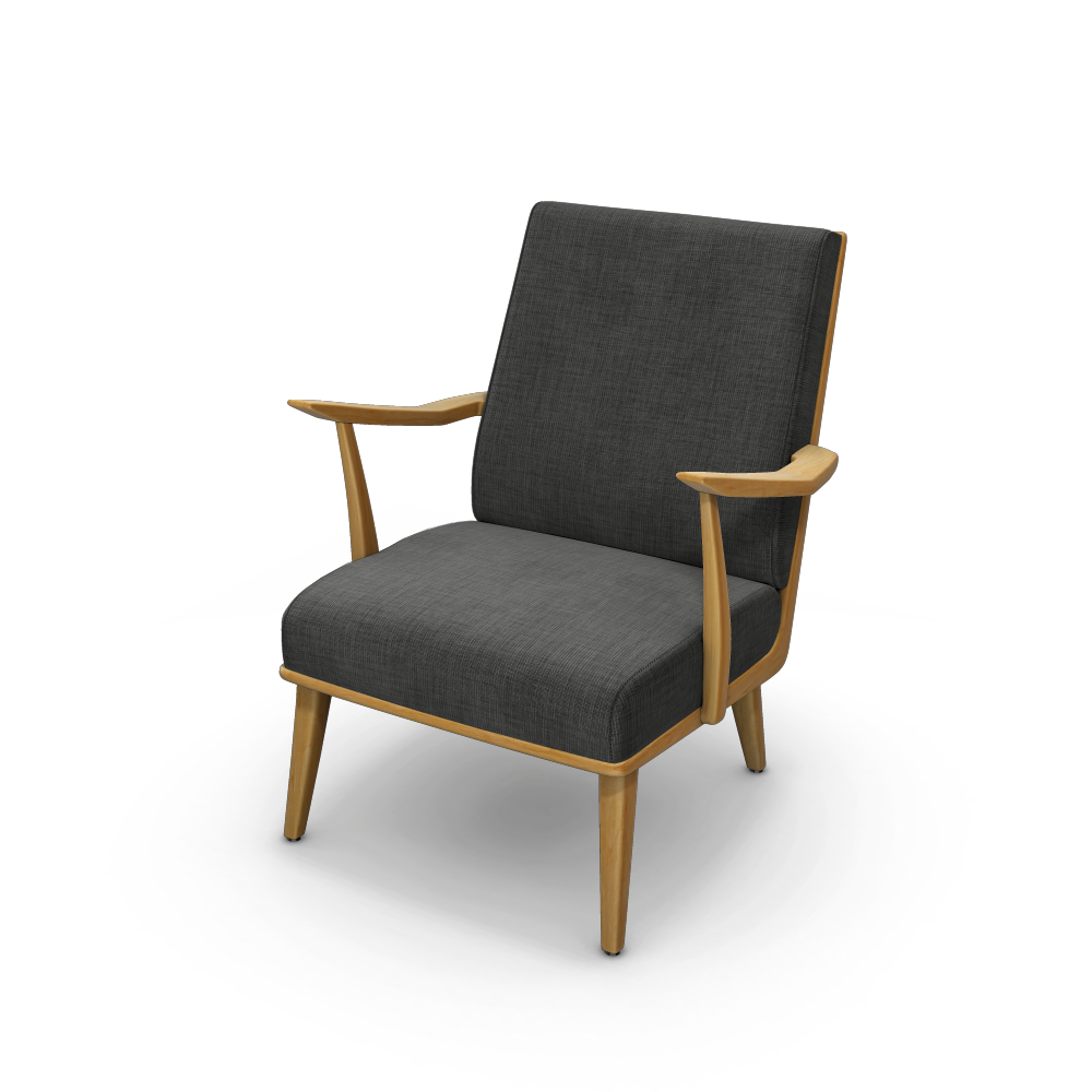 Photograph of a varnished wood and black fabric armchair, automatically generated by the 3D configurator.