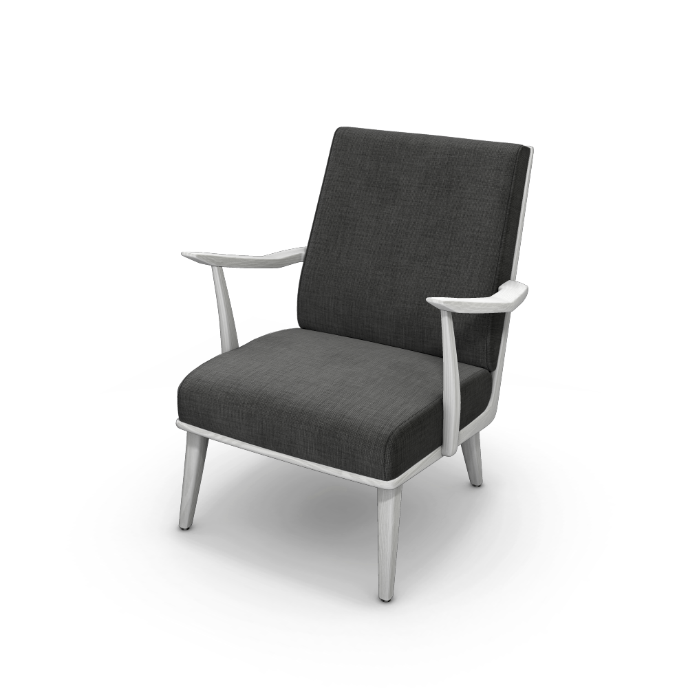 Photograph of an armchair in white wood and black fabric, automatically generated by the 3D configurator.