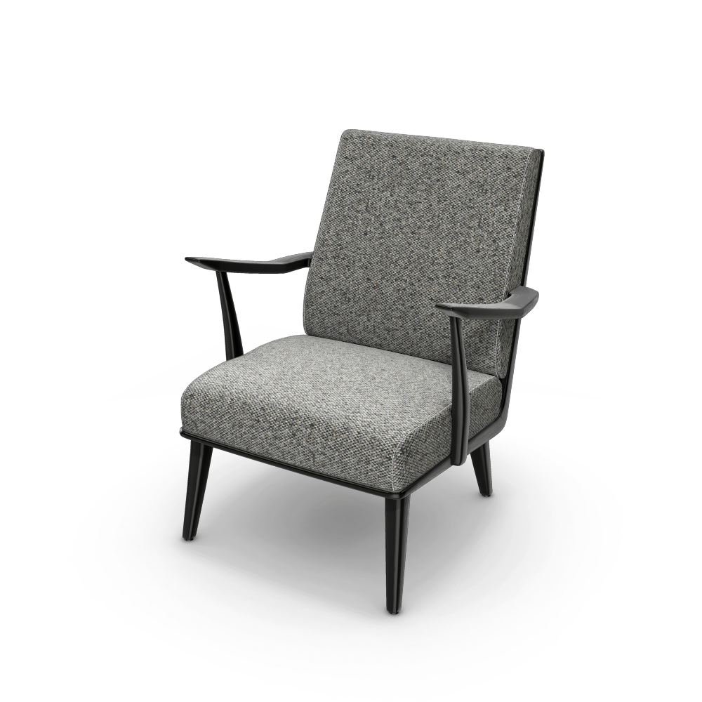 Photograph of an armchair in black wood and tweed fabric, automatically generated by the 3D configurator.