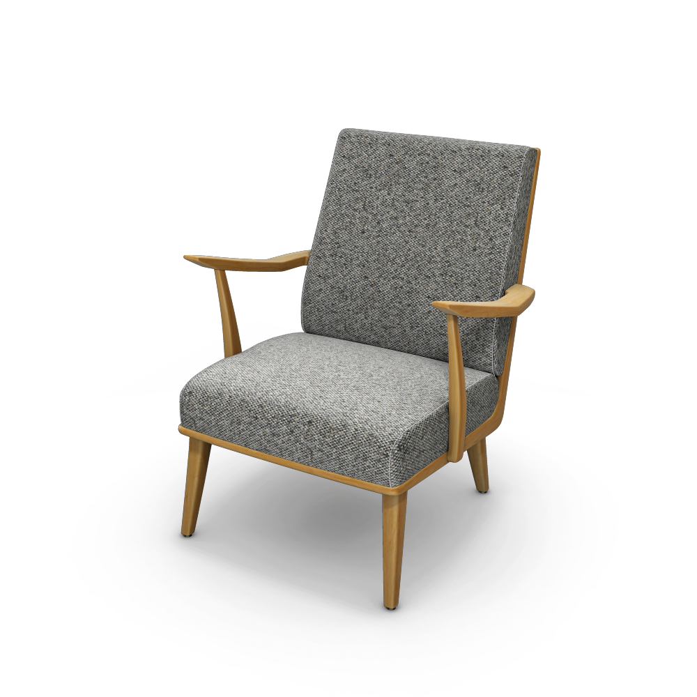 Photograph of a varnished wood and tweed fabric armchair, automatically generated by the 3D configurator.