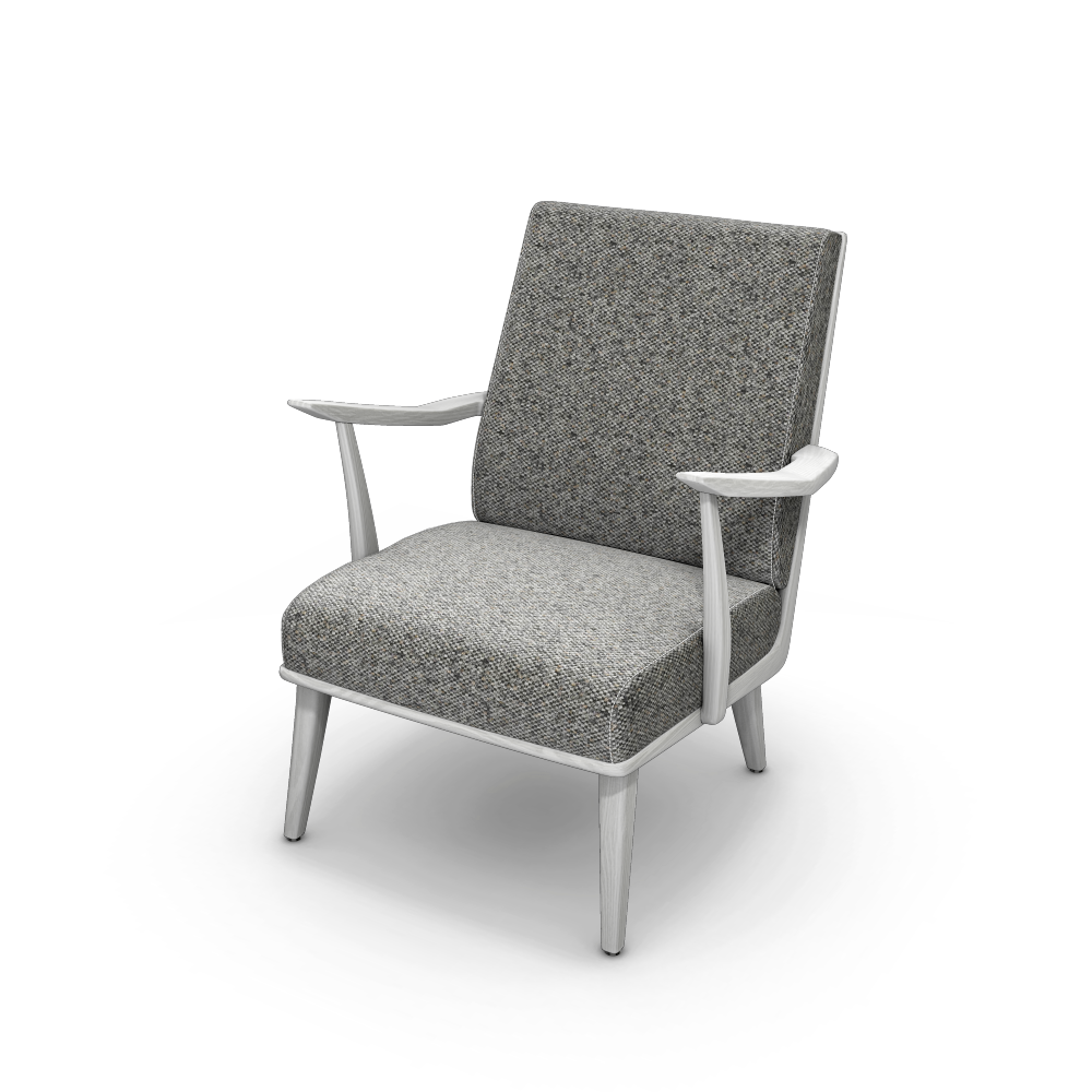 Photograph of an armchair in white wood and tweed fabric, automatically generated by the 3D configurator.