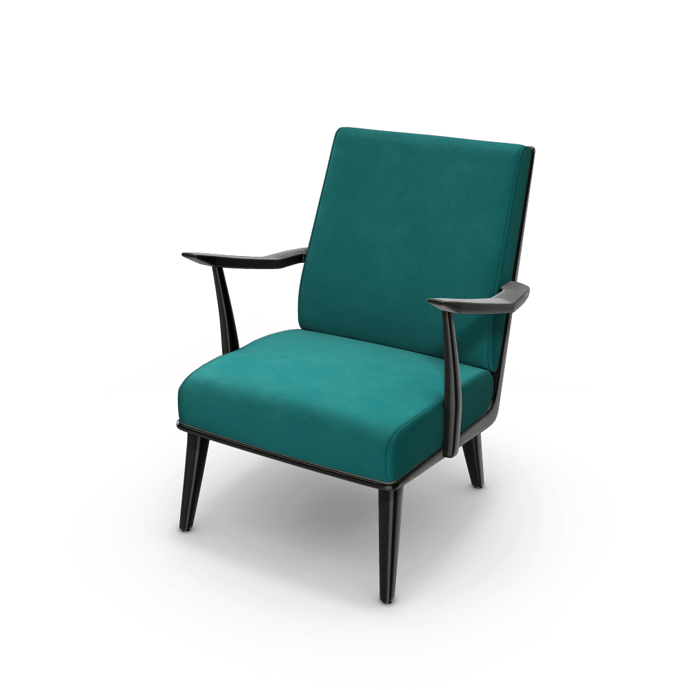 Photograph of an armchair in black wood and velvet fabric, automatically generated by the 3D configurator.
