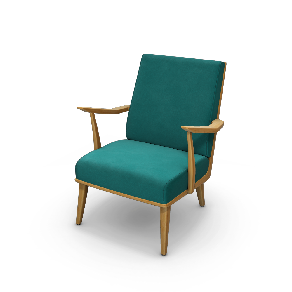 Photograph of a varnished wood and velvet fabric armchair, automatically generated by the 3D configurator.
