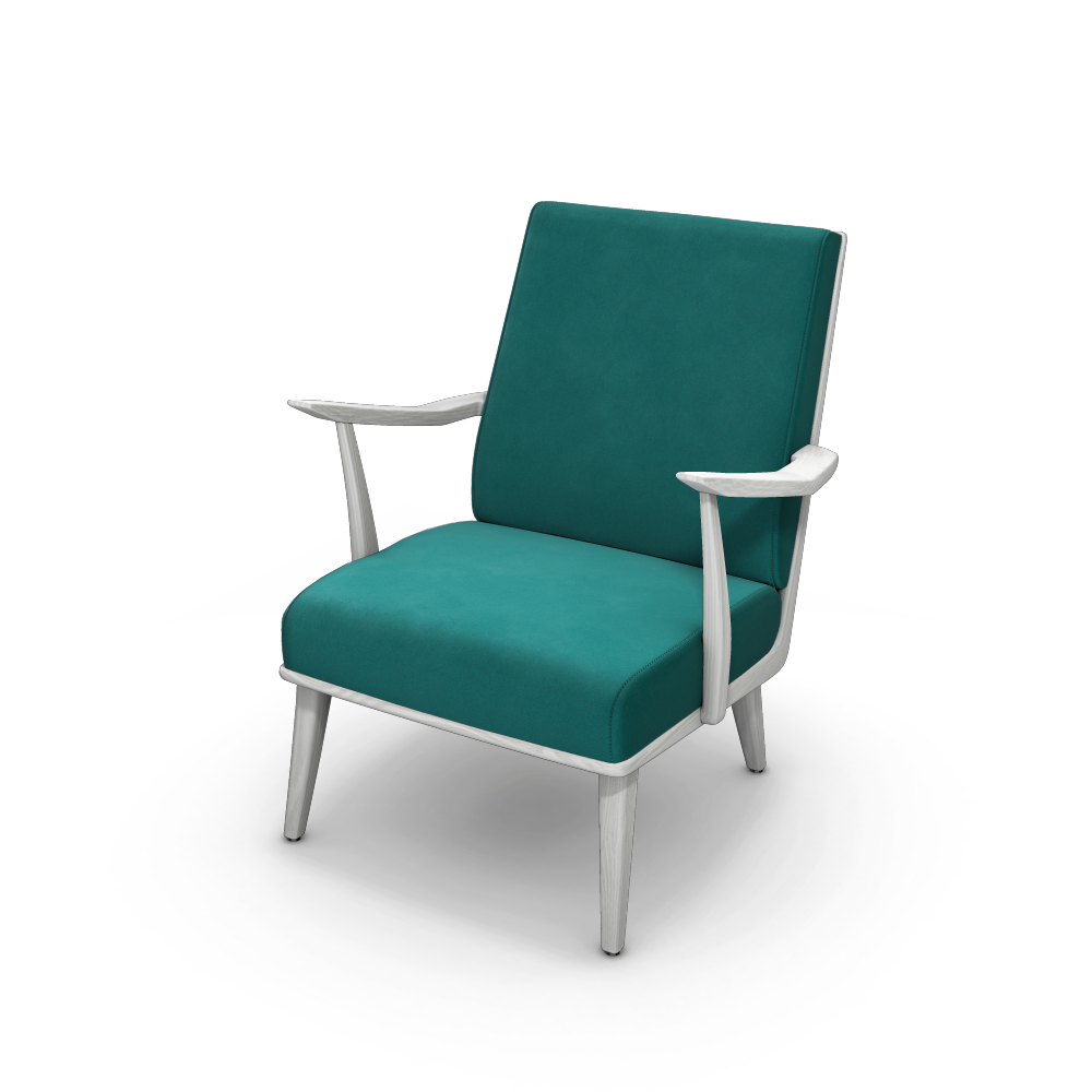 Photograph of an armchair in white wood and velvet fabric, automatically generated by the 3D configurator.