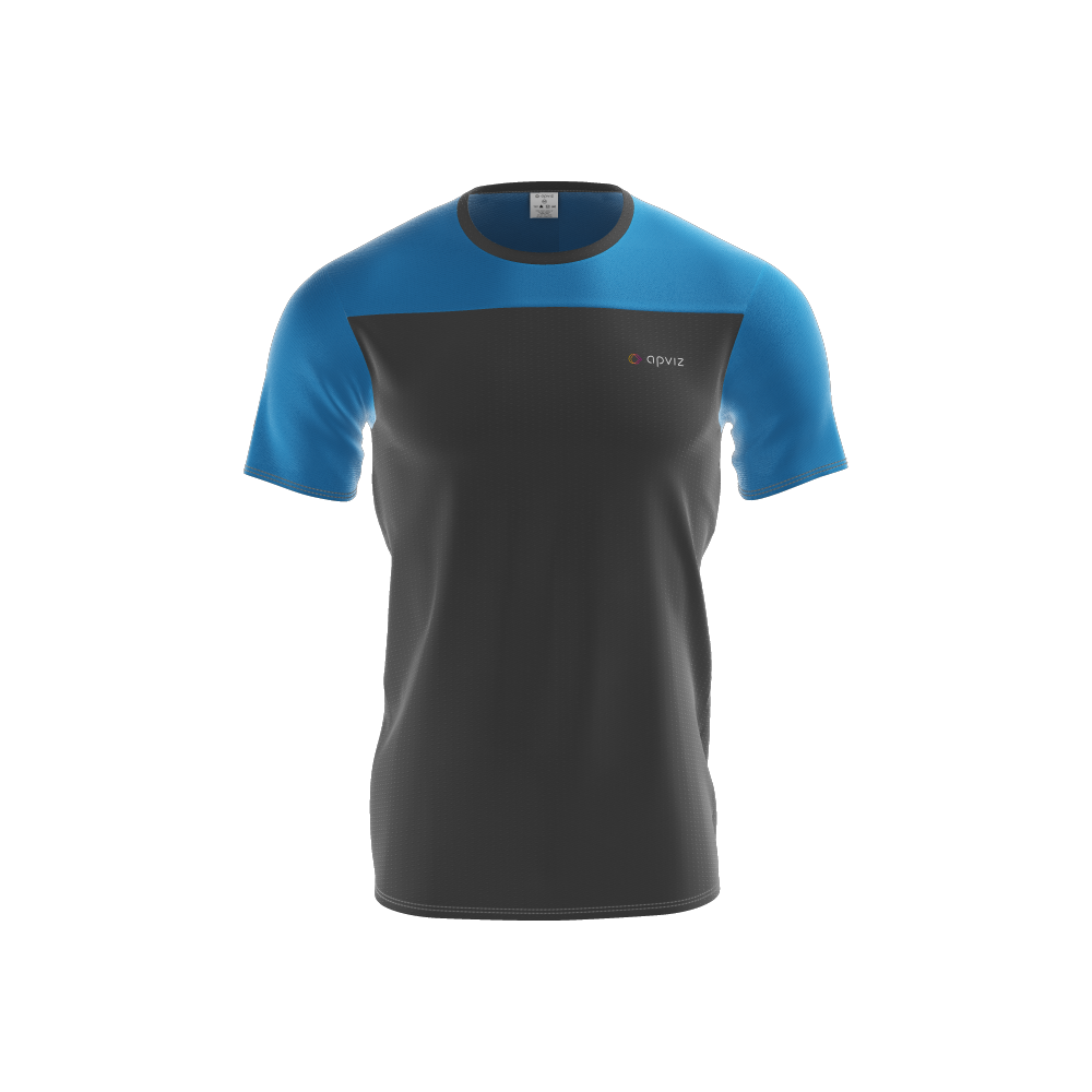 Photograph of a custom black and blue men's teeshirt with logo, automatically generated with the 3D configurator platform.
