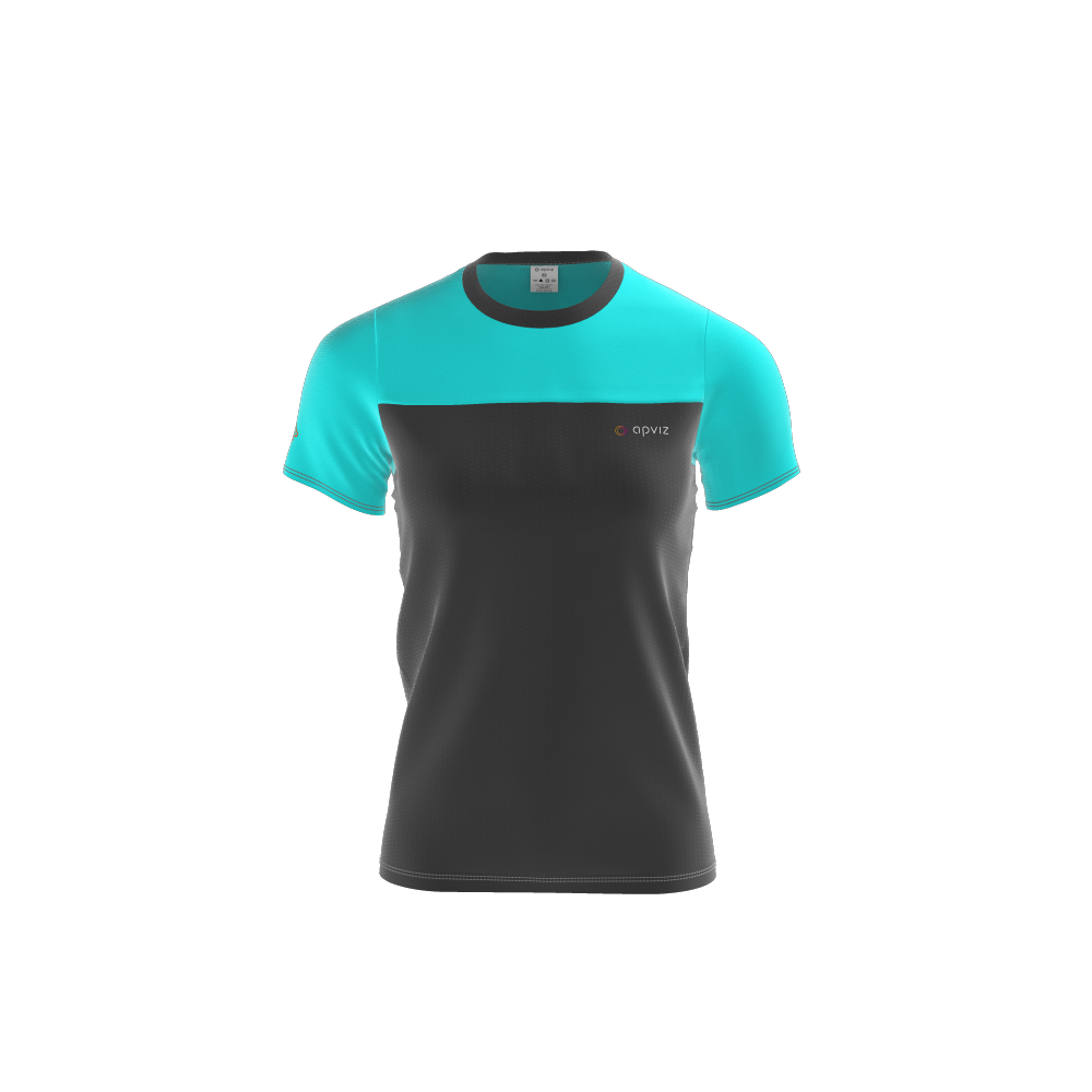 Photograph of a custom black and blue women's teeshirt with logo, automatically generated with the 3D configurator platform.