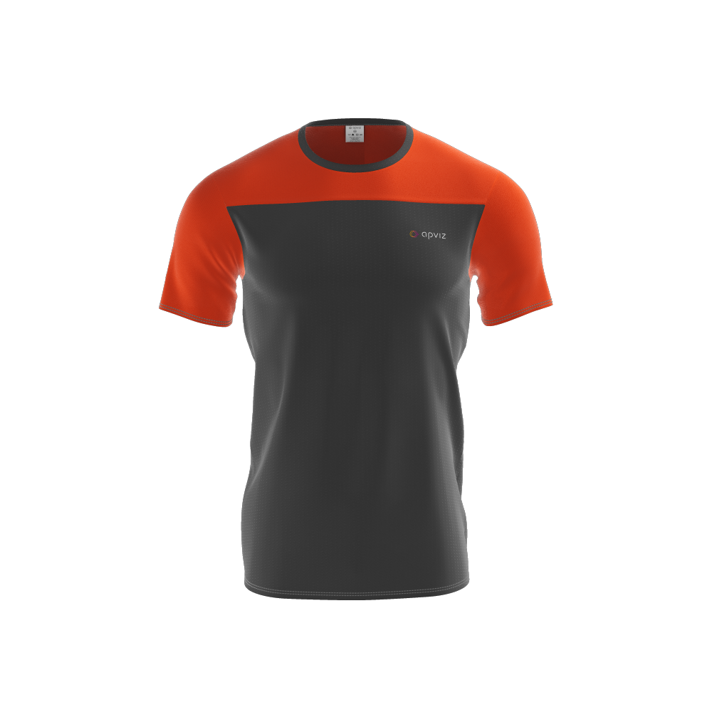 Photograph of a custom black and orange men's teeshirt with logo, automatically generated with the 3D configurator platform.