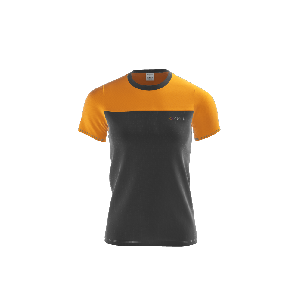 Photograph of a custom black and orange women's teeshirt with logo, automatically generated with the 3D configurator platform.