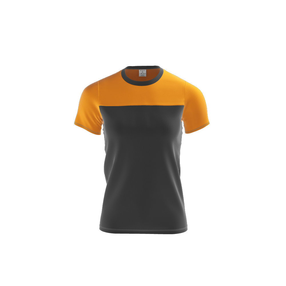 Photograph of a custom black and orange women's teeshirt without logo, automatically generated with the 3D configurator platform.