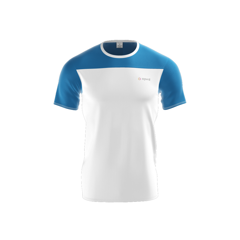 Photograph of a custom white and blue men's teeshirt with logo, automatically generated with the 3D configurator platform.