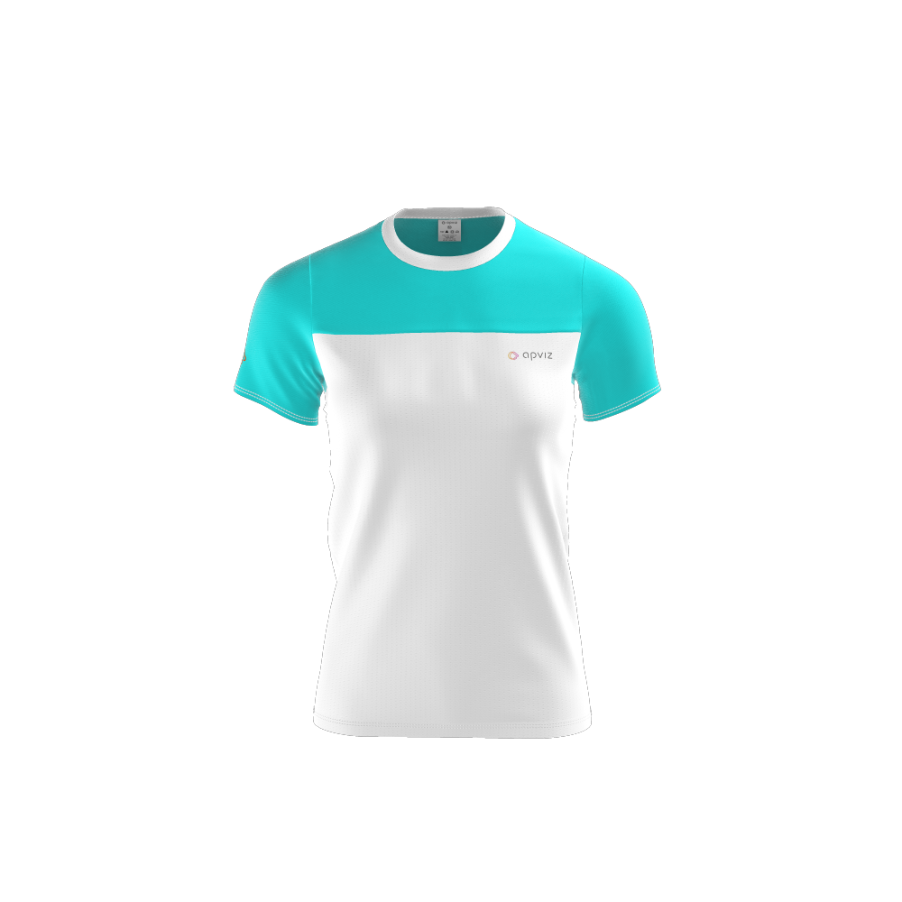 Photograph of a custom white and blue women's teeshirt with logo, automatically generated with the 3D configurator platform.