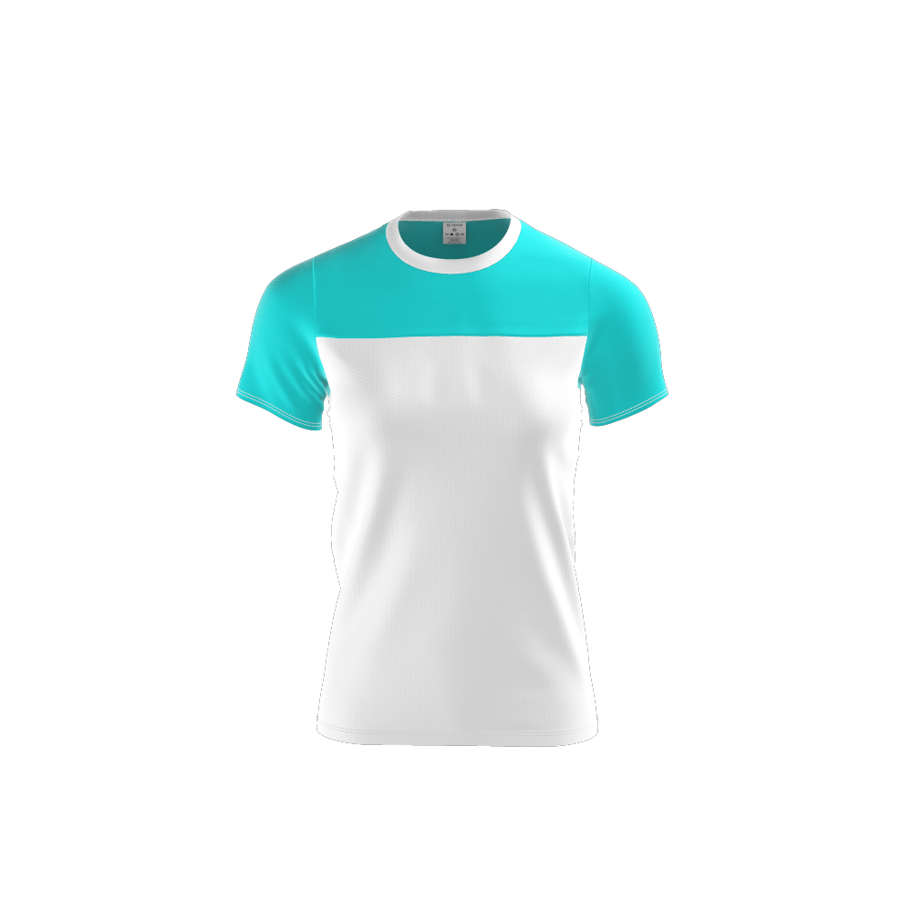 Photograph of a custom white and blue women's teeshirt without logo, automatically generated with the 3D configurator platform.