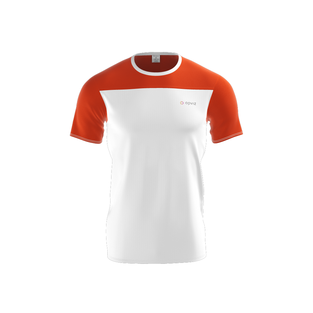 Photograph of a custom white and orange men's teeshirt with logo, automatically generated with the 3D configurator platform.