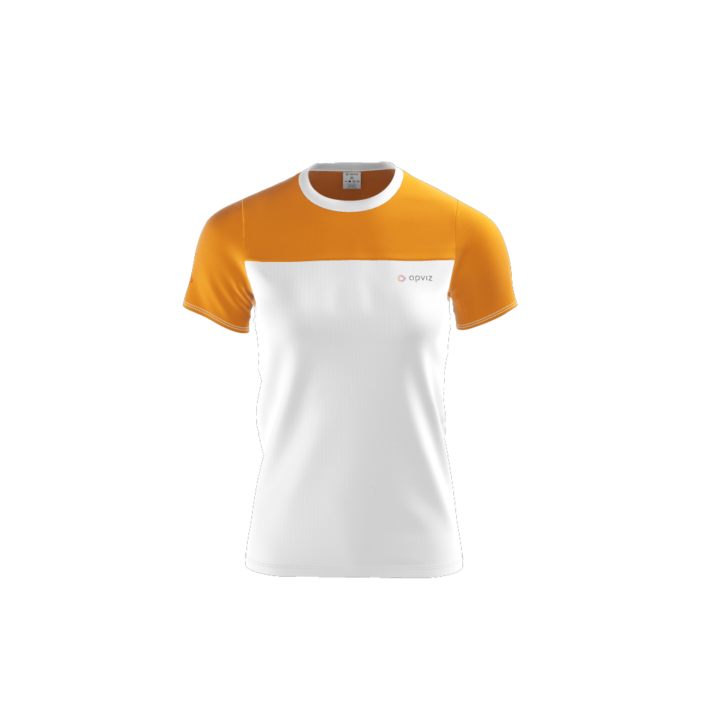 Photograph of a custom white and orange women's teeshirt with logo, automatically generated with the 3D configurator platform.