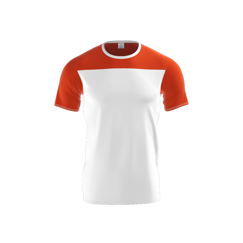 Photograph of a custom white and orange men's teeshirt without logo, automatically generated with the 3D configurator platform.