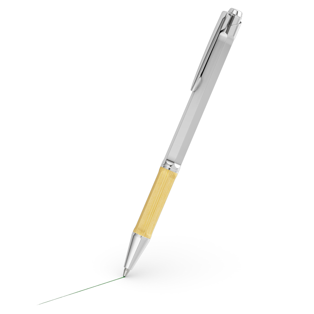 Made to order, photograph of a metal and bamboo pen automatically generated with the 3d configurator platform.