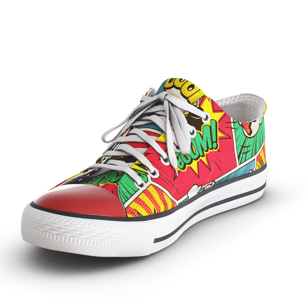 Made to order, photograph of a pair of comics fabric shoes automatically generated with the 3d configurator platform.