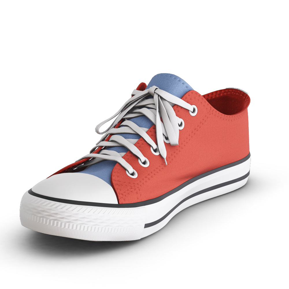Made to order, photograph of a pair of red fabric shoes automatically generated with the 3d configurator platform.