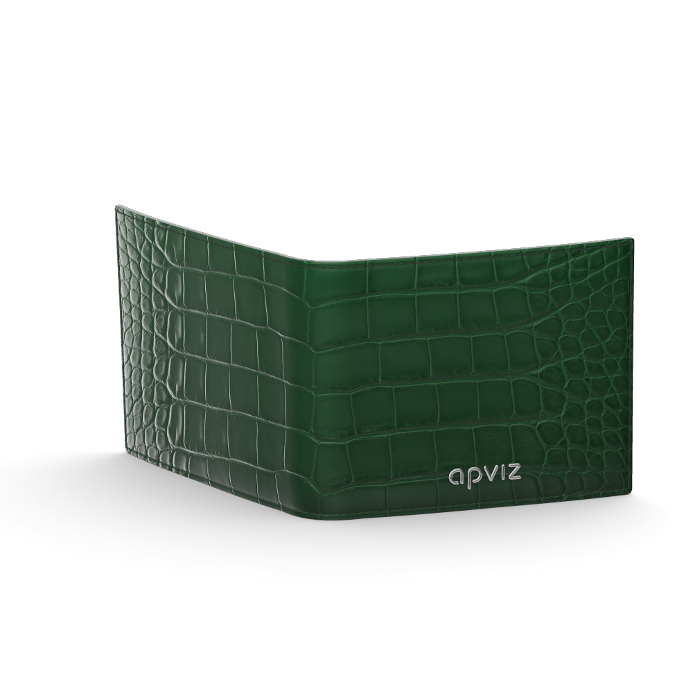 Made to order, front photograph of a green leather wallet automatically generated with the 3d configurator platform.
