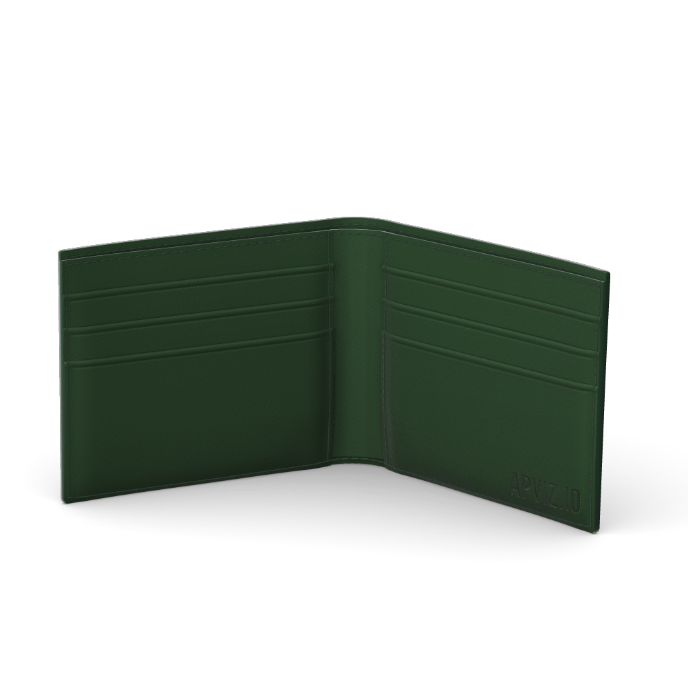 Made to order, back photograph of a green leather wallet automatically generated with the 3d configurator platform.