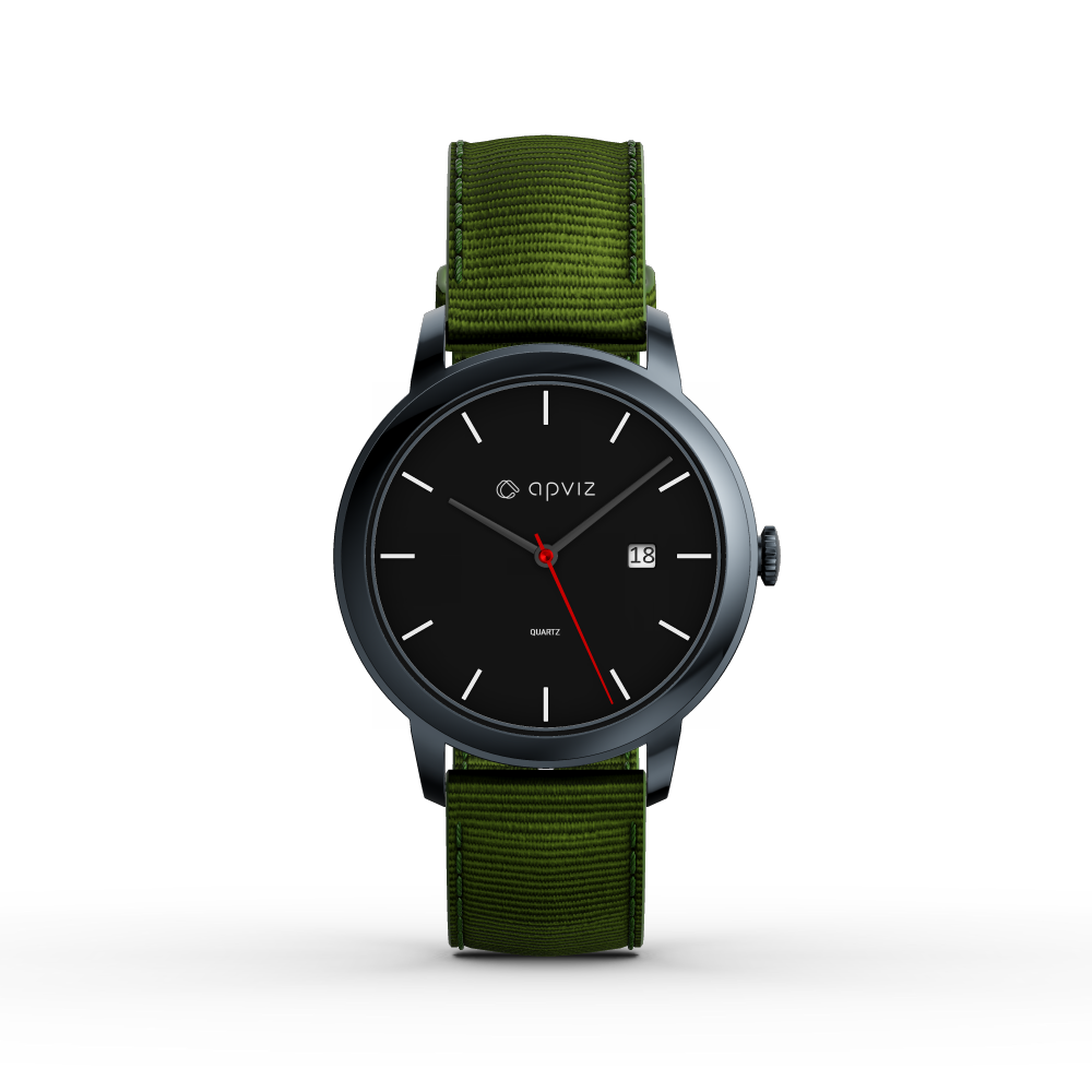 Photograph of a watch with a black dial, in black metal with a green fabric strap, automatically generated with the 3d configurator platform.