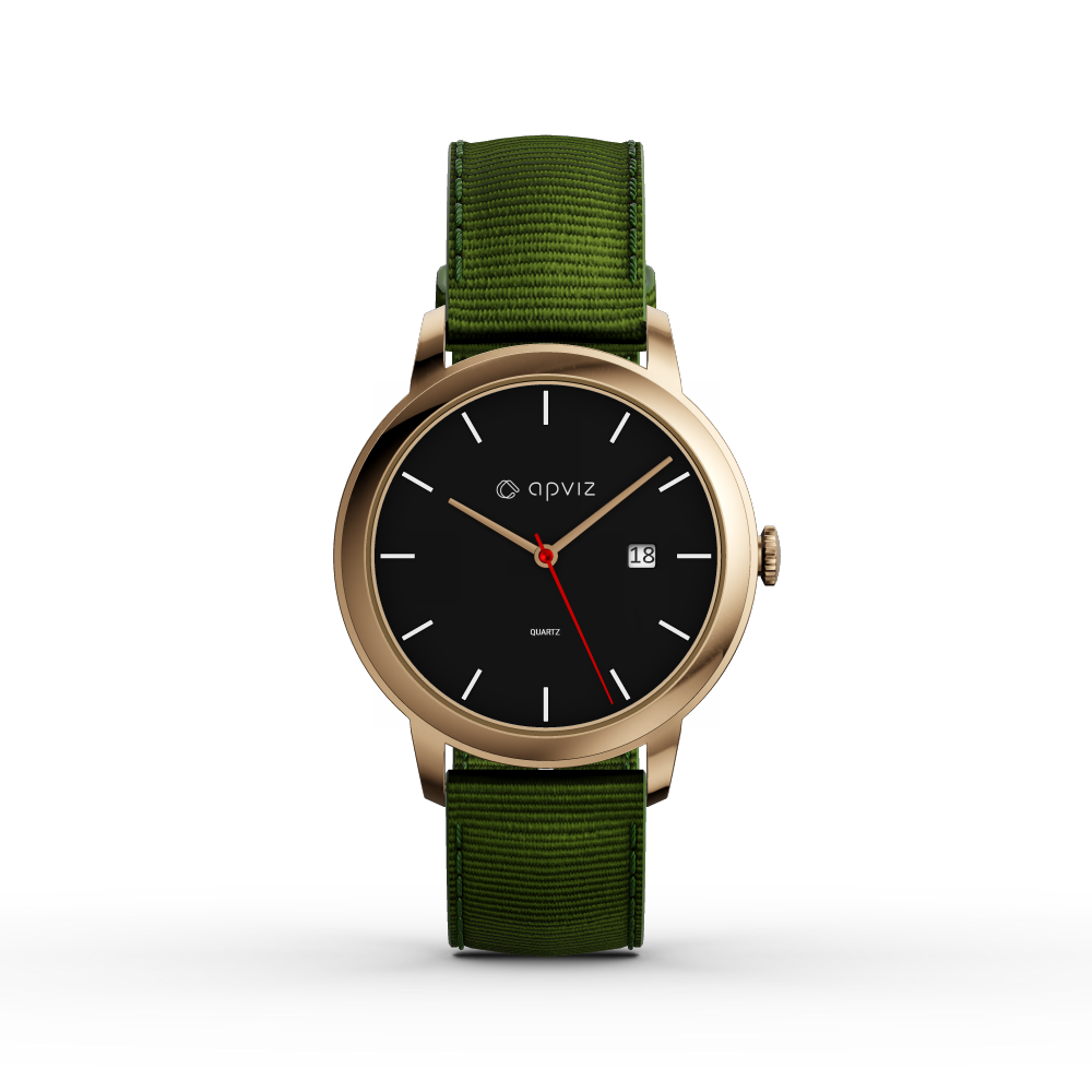 Photograph of a watch with a black dial, in gold metal with a green fabric strap, automatically generated with the 3d configurator platform.