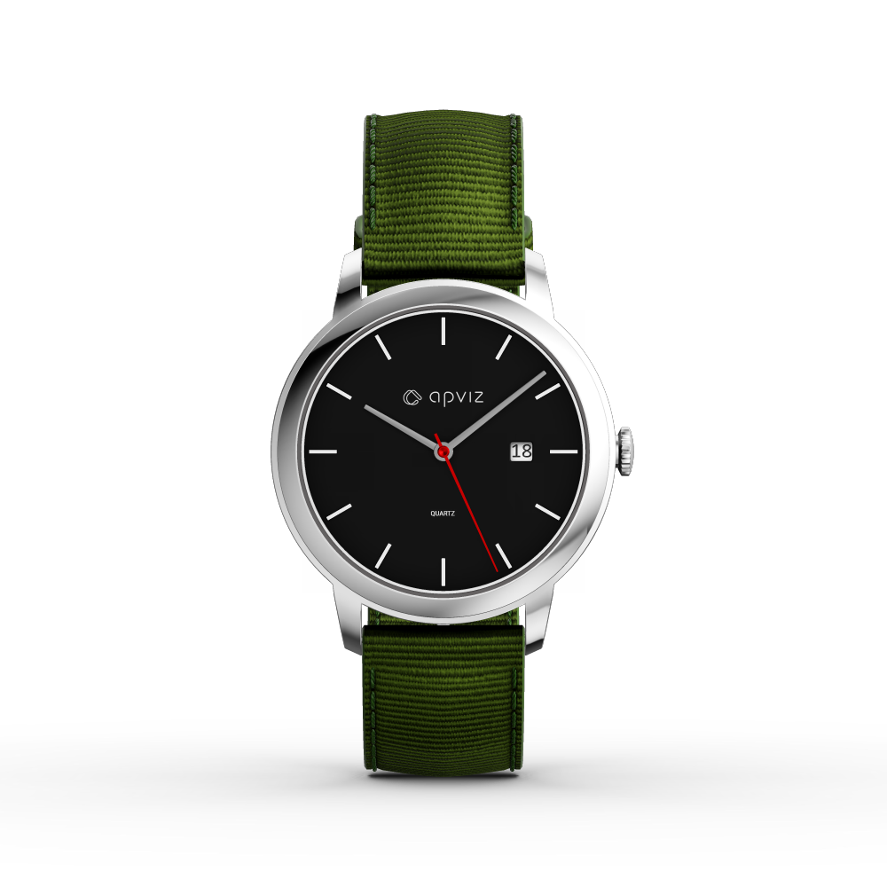Photograph of a watch with a black dial, in silver metal with a green fabric strap, automatically generated with the 3d configurator platform.