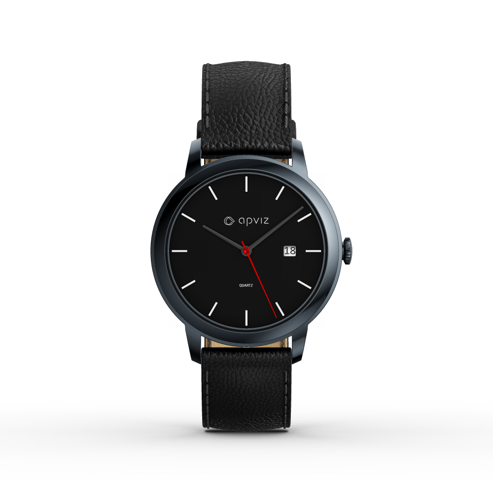 Photograph of a watch with a black dial, in black metal with a black leather strap, automatically generated with the 3d configurator platform.