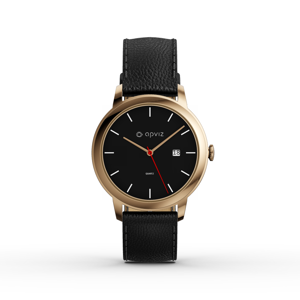 Photograph of a watch with a black dial, in gold metal with a black leather strap, automatically generated with the 3d configurator platform.