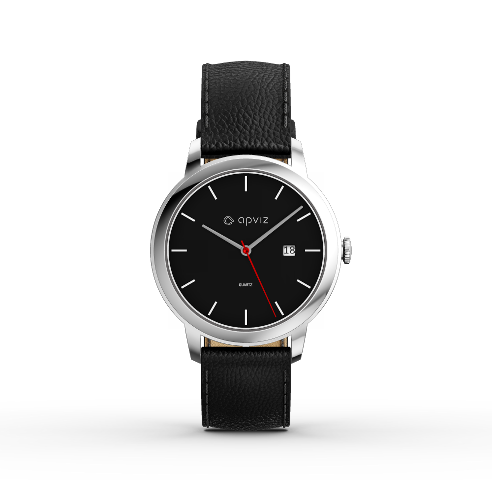 Photograph of a watch with a black dial, in silver metal with a black leather strap, automatically generated with the 3d configurator platform.
