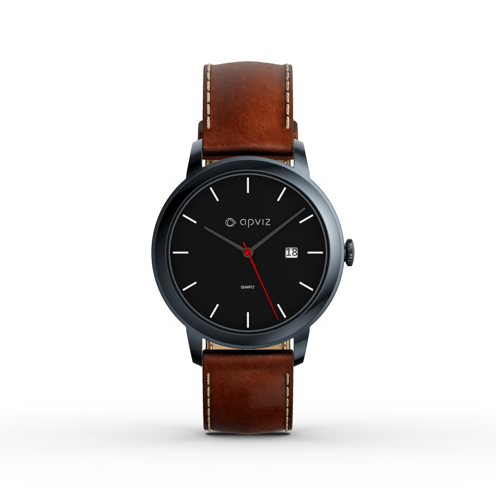 Photograph of a watch with a black dial, in black metal with a brown leather strap, automatically generated with the 3d configurator platform.