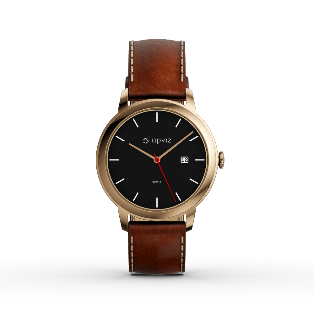 Photograph of a watch with a black dial, in gold metal with a brown leather strap, automatically generated with the 3d configurator platform.