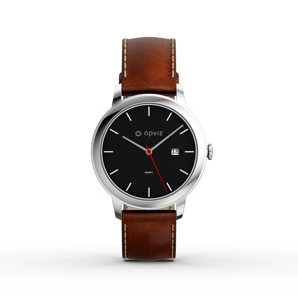 Photograph of a watch with a black dial, in silver metal with a brown leather strap, automatically generated with the 3d configurator platform.