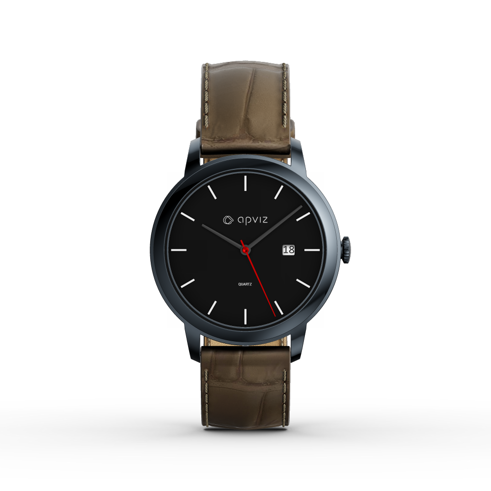 Photograph of a watch with a black dial, in black metal with a taupe leather strap, automatically generated with the 3d configurator platform.