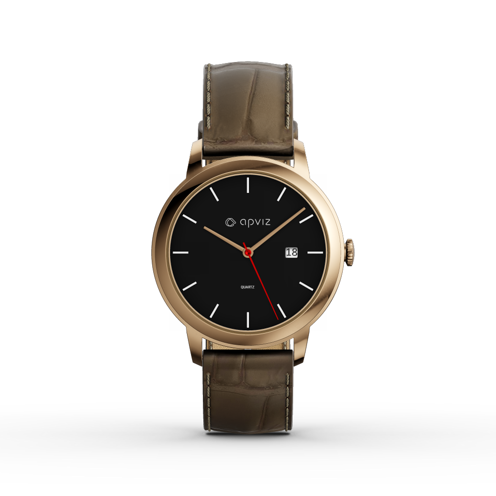 Photograph of a watch with a black dial, in gold metal with a taupe leather strap, automatically generated with the 3d configurator platform.