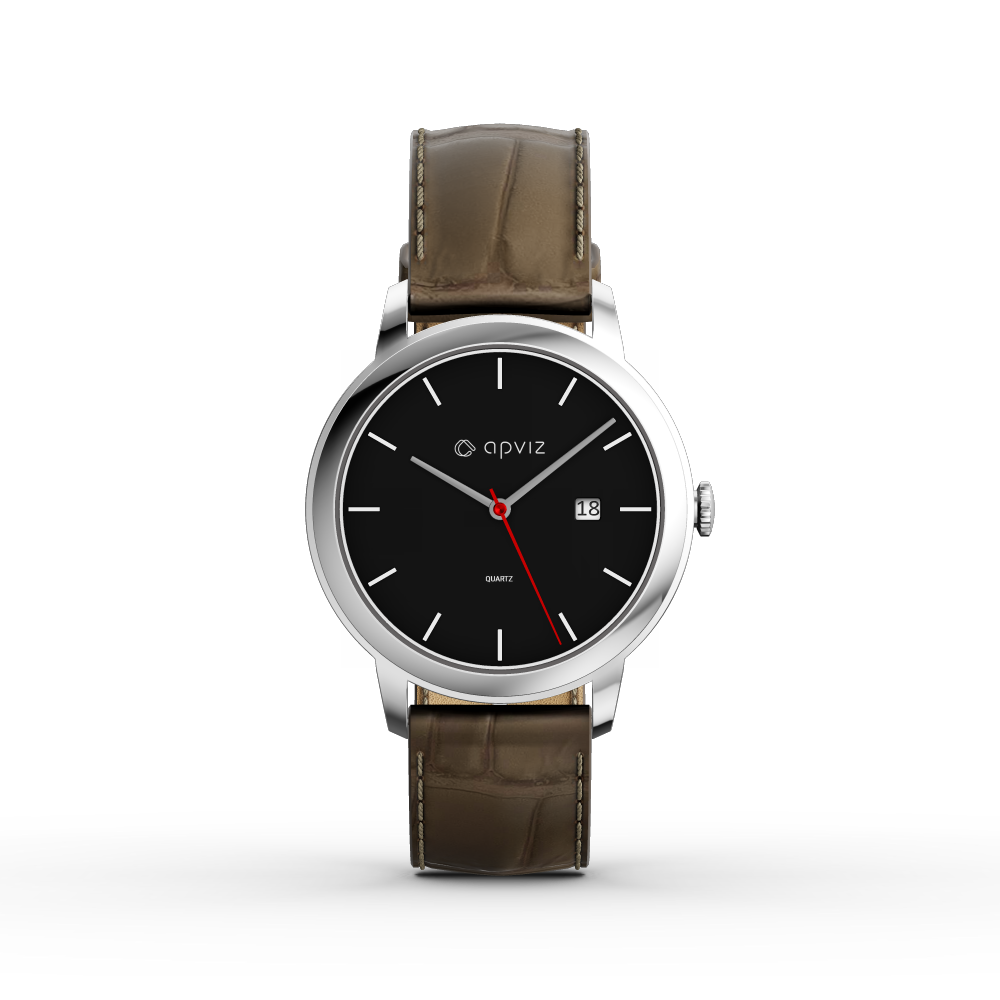 Photograph of a watch with a black dial, in silver metal with a taupe leather strap, automatically generated with the 3d configurator platform.