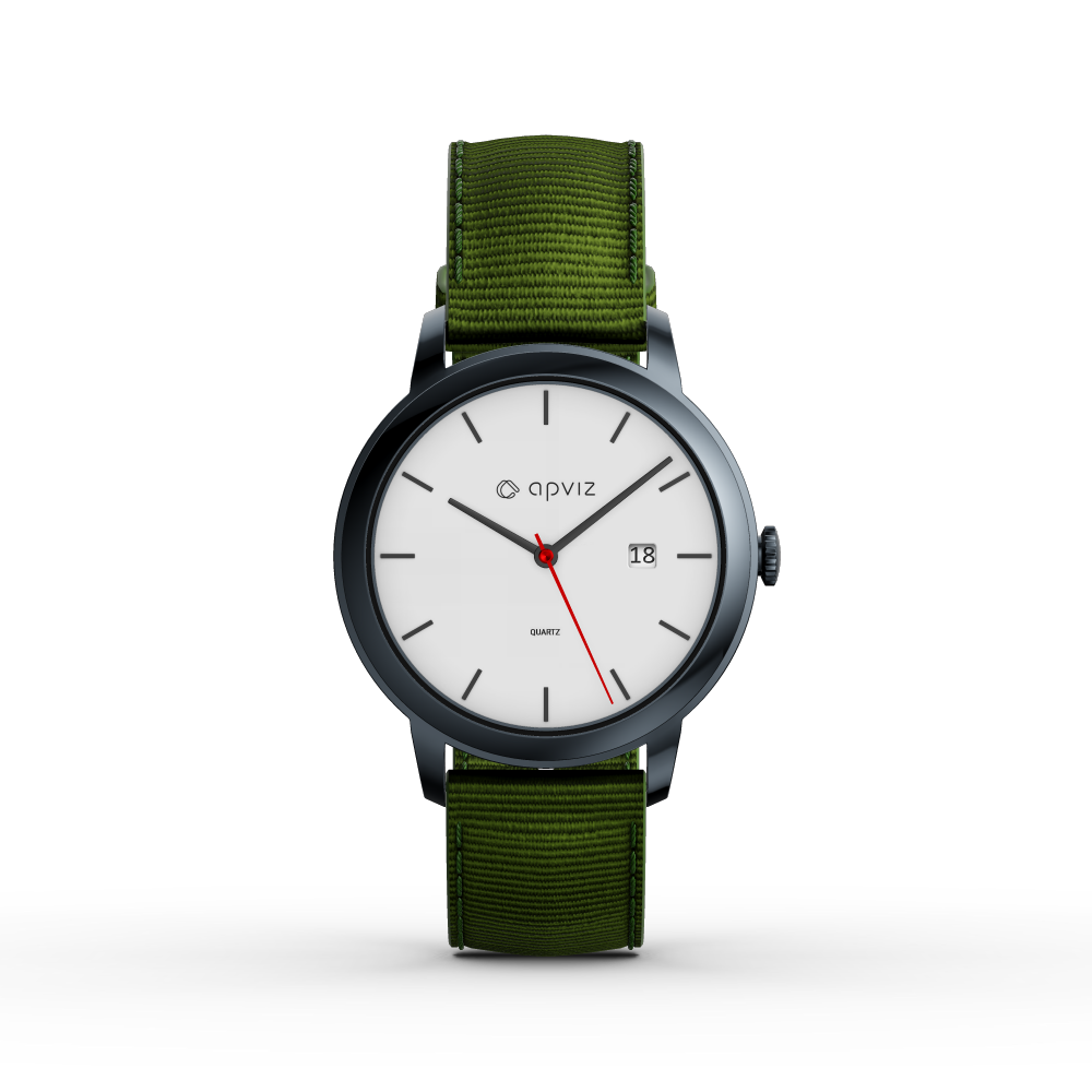 Photograph of a watch with a white dial, in black metal with a green fabric strap, automatically generated with the 3d configurator platform.