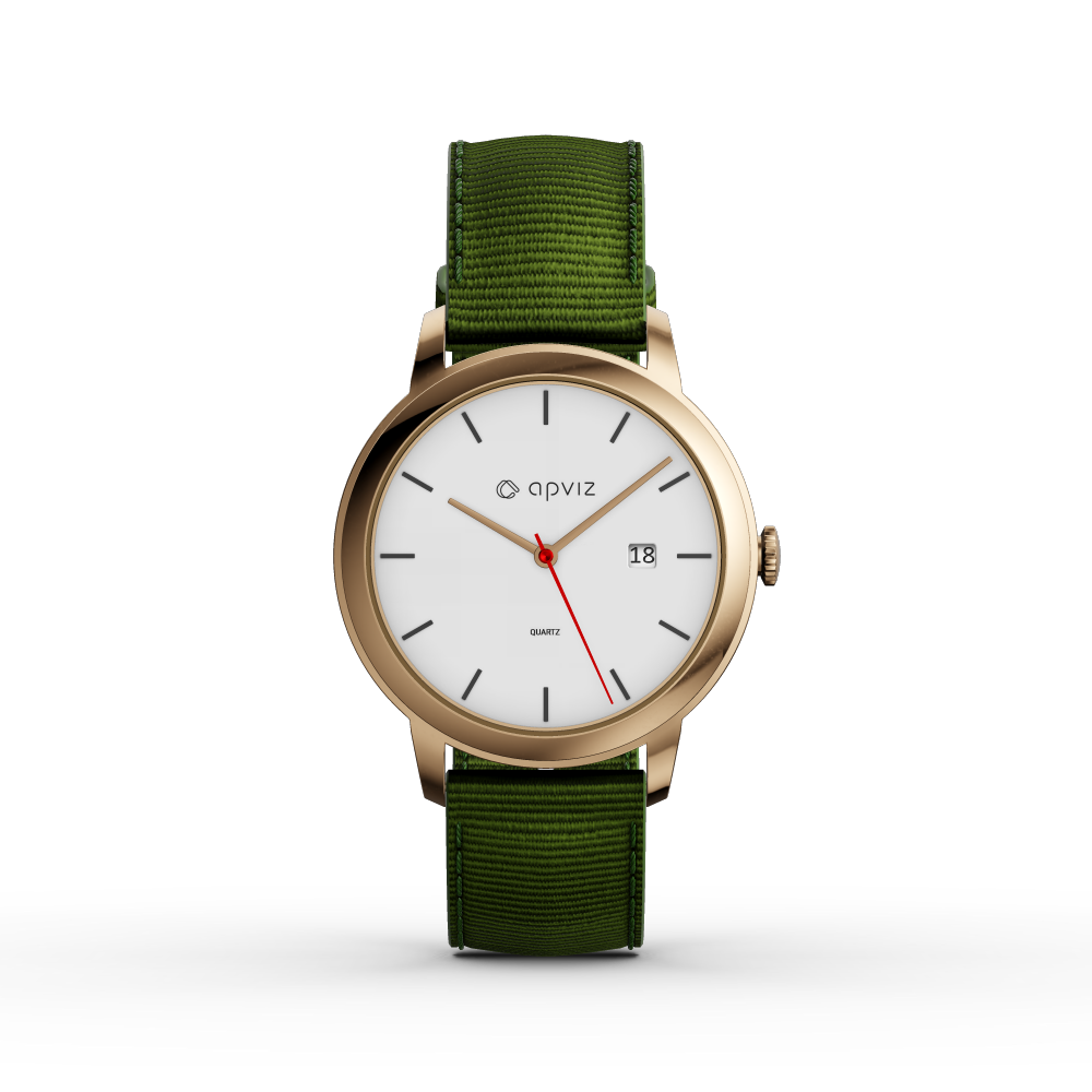 Photograph of a watch with a white dial, in gold metal with a green fabric strap, automatically generated with the 3d configurator platform.