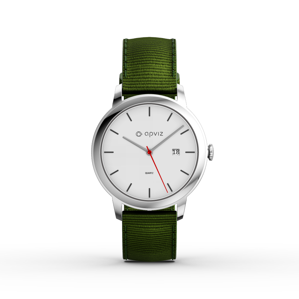 Photograph of a watch with a white dial, in silver metal with a green fabric strap, automatically generated with the 3d configurator platform.