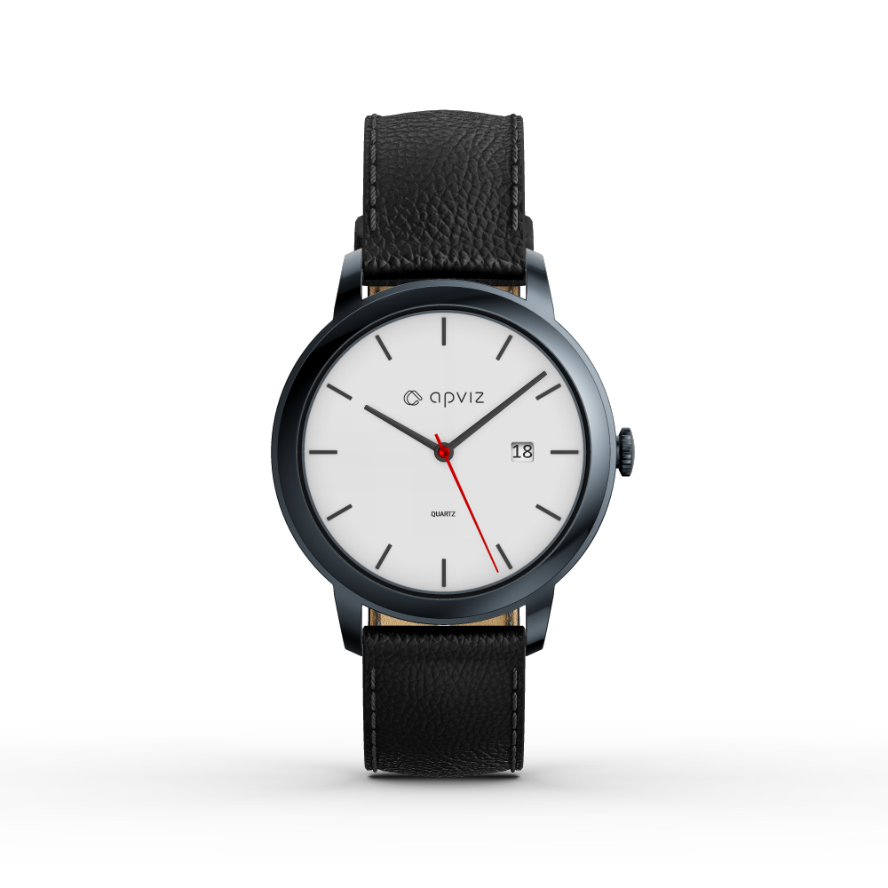 Photograph of a watch with a white dial, in black metal with a black leather  strap, automatically generated with the 3d configurator platform.