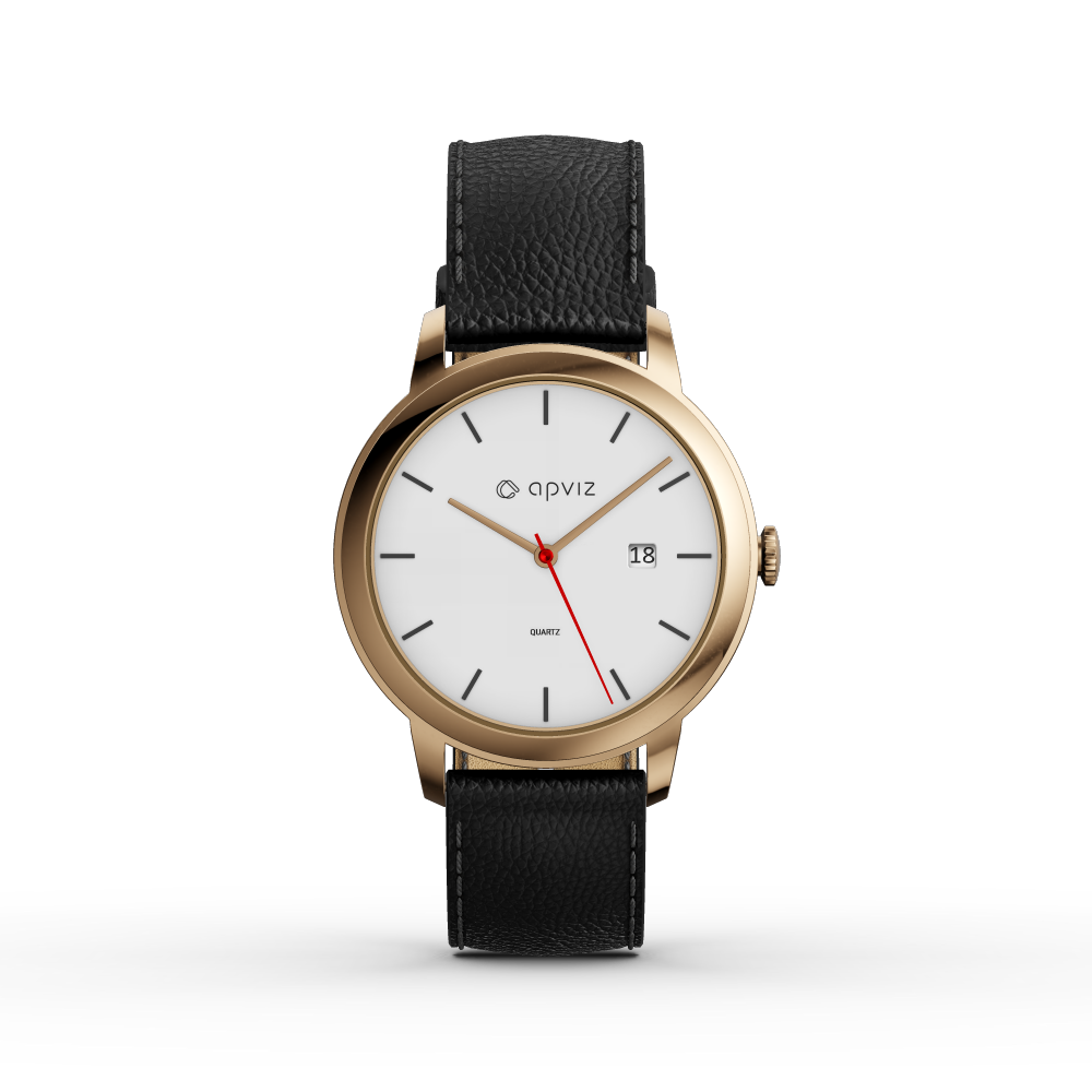 Photograph of a watch with a white dial, in gold metal with a leather black strap, automatically generated with the 3d configurator platform.