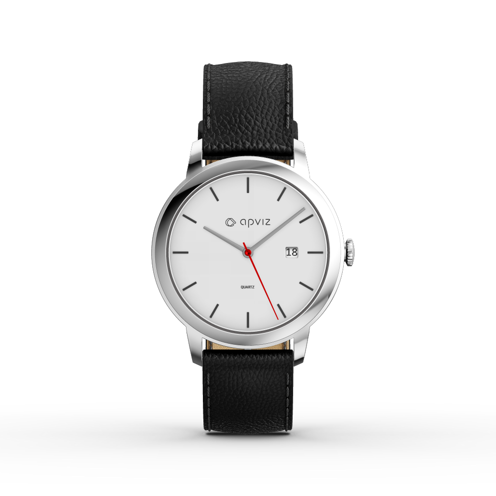 Photograph of a watch with a white dial, in silver metal with a black leather strap, automatically generated with the 3d configurator platform.