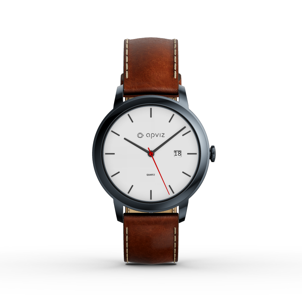 Photograph of a watch with a white dial, in black metal with a brown leather strap, automatically generated with the 3d configurator platform.