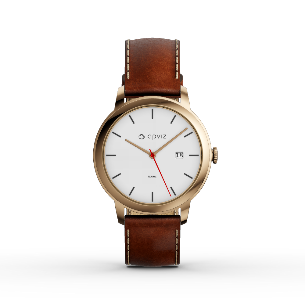 Photograph of a watch with a white dial, in gold metal with a brown leather strap, automatically generated with the 3d configurator platform.