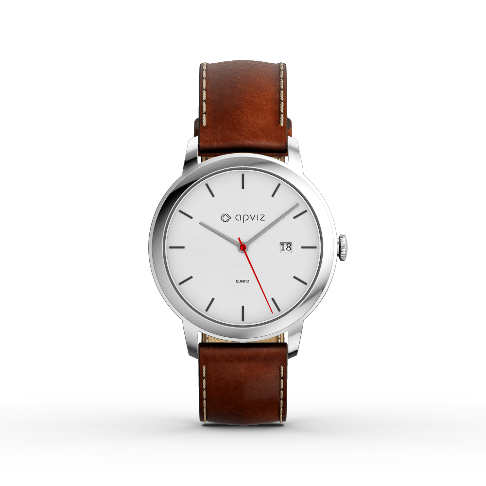 Photograph of a watch with a white dial, in silver metal with a brown leather strap, automatically generated with the 3d configurator platform.