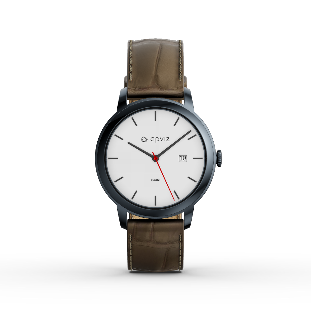 Photograph of a watch with a white dial, in black metal with a taupe leather strap, automatically generated with the 3d configurator platform.