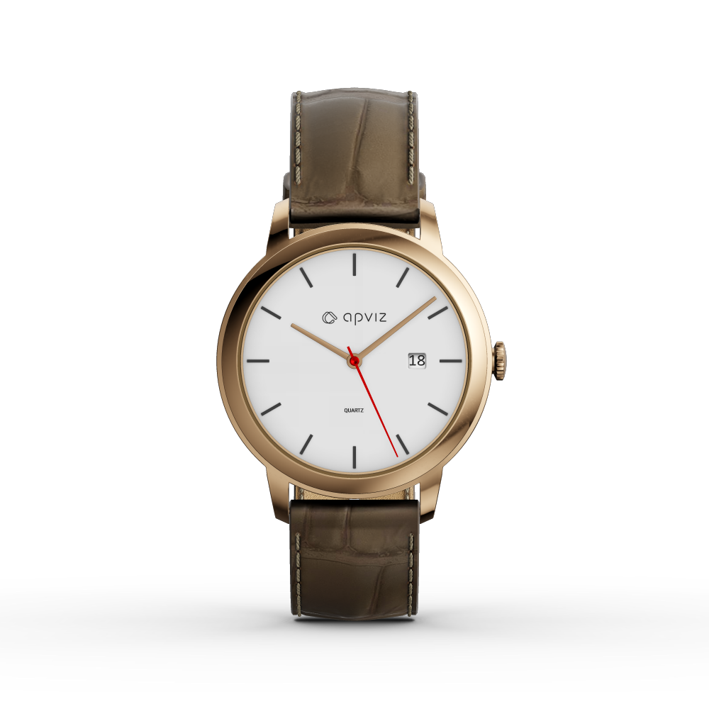 Photograph of a watch with a white dial, in gold metal with a taupe leather strap, automatically generated with the 3d configurator platform.