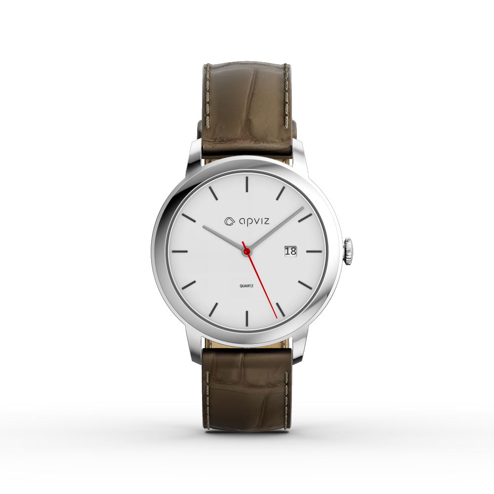 Photograph of a watch with a white dial, in silver metal with a taupe leather strap, automatically generated with the 3d configurator platform.