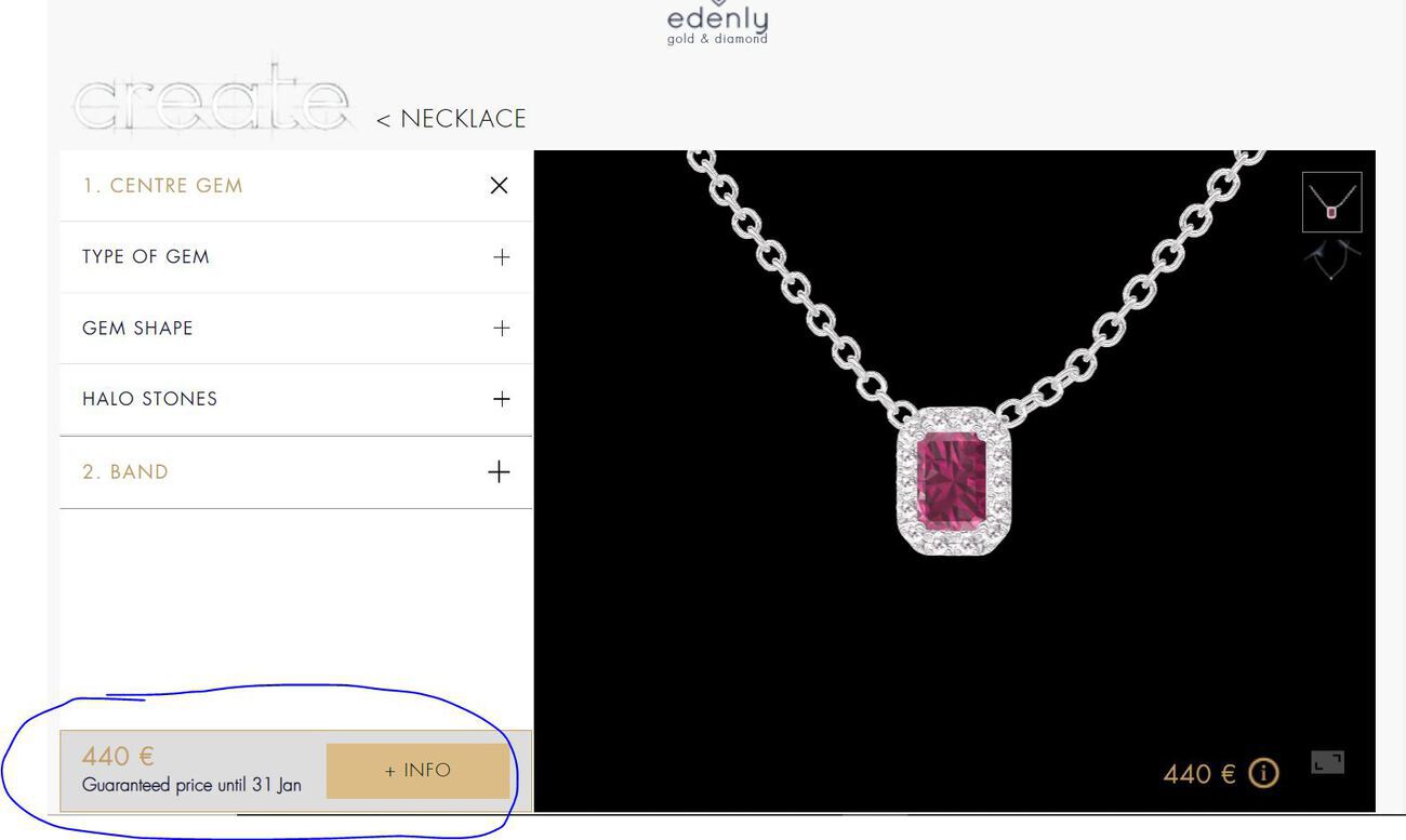 how to sell jewelry: Screenshot of a necklace customization page with the price encircled